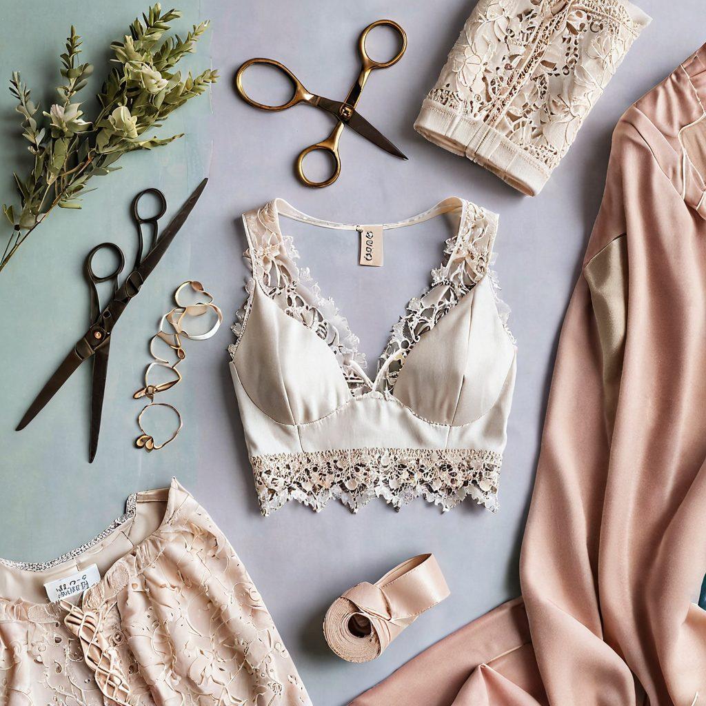 A stylishly arranged flat lay of various intimate apparel pieces showcasing a range of fabrics and textures, on a soft pastel background. Include measuring tape, scissors, and color swatches to emphasize the theme of fitting and fabric choice. Subtle details of lace and silk add elegance to the scene. Incorporate soft, flattering lighting to enhance the textures. minimalistic elegance. pastel colors. natural lighting.